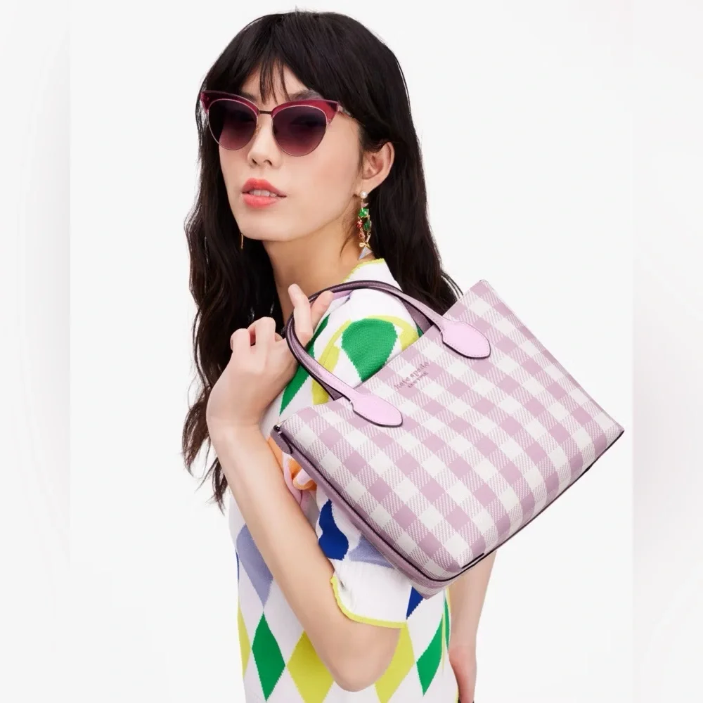 Kate Spade Bleecker Gingham Checker Purple Medium Crossbody Tote Handbag - Picture 9 of 10